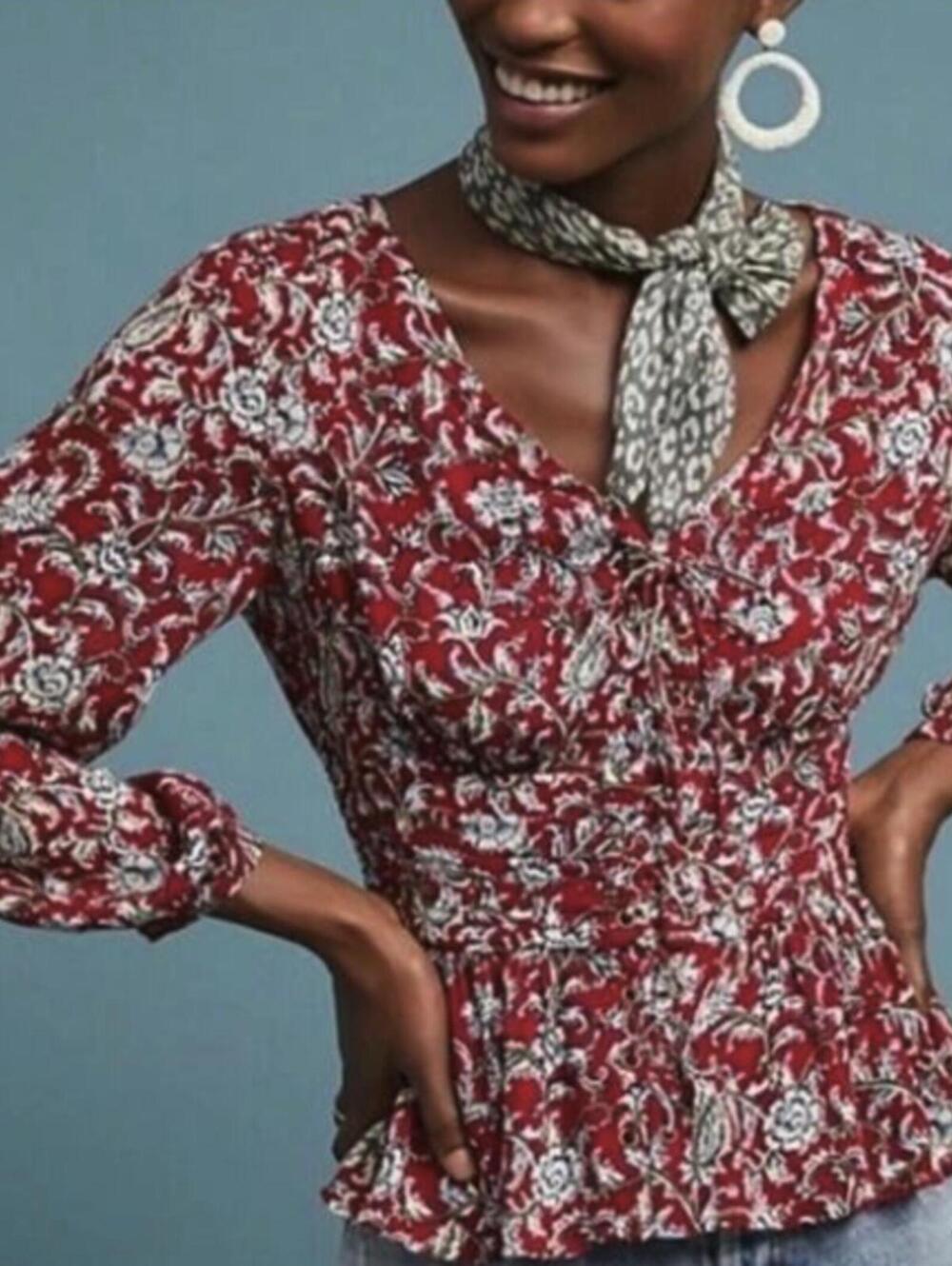 Feather Bone by Anthropologie Red Latrobe Floral Smocked Peplum Top - Size - 14